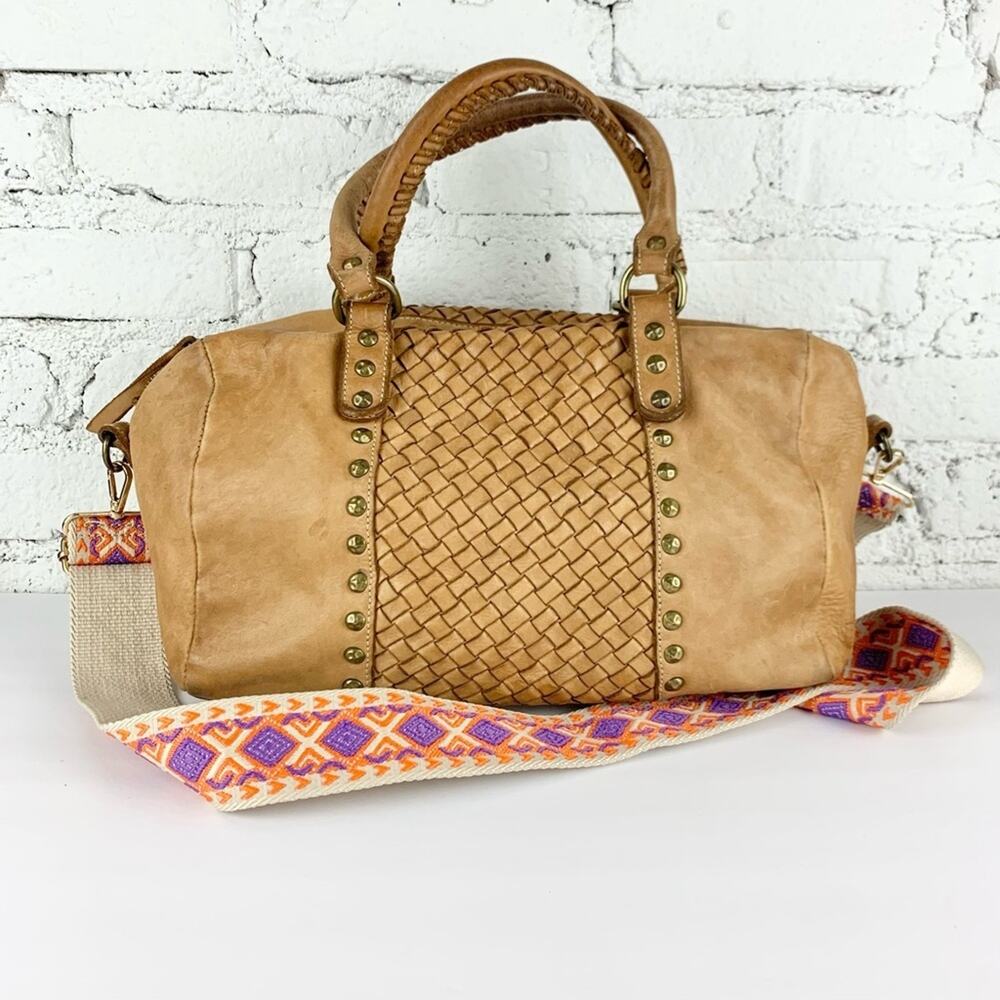 Costanza Rota Lisa Brown Leather Woven Studded Satchel Bag
